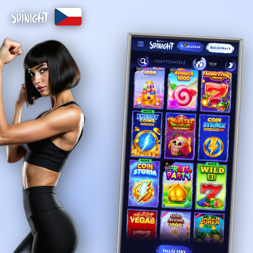 Spinight Casino app na mobilním telefonu s herním lobby a fialovo-zlatými akcenty