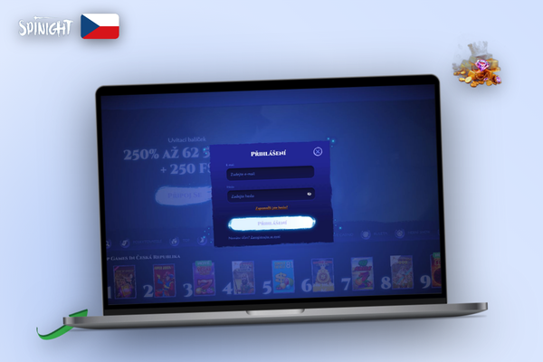 Dvoufaktorové ověření účtu Spinight Casino – autentizační aplikace na mobilu vedle přihlašovací obrazovky