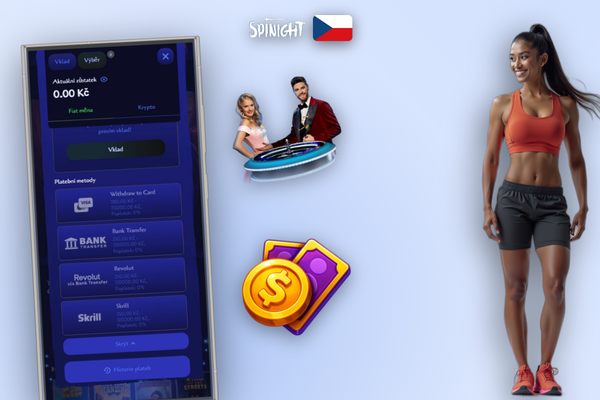 Mobilní aplikace Spinight s tlačítkem výběru peněz a volbou platební metody